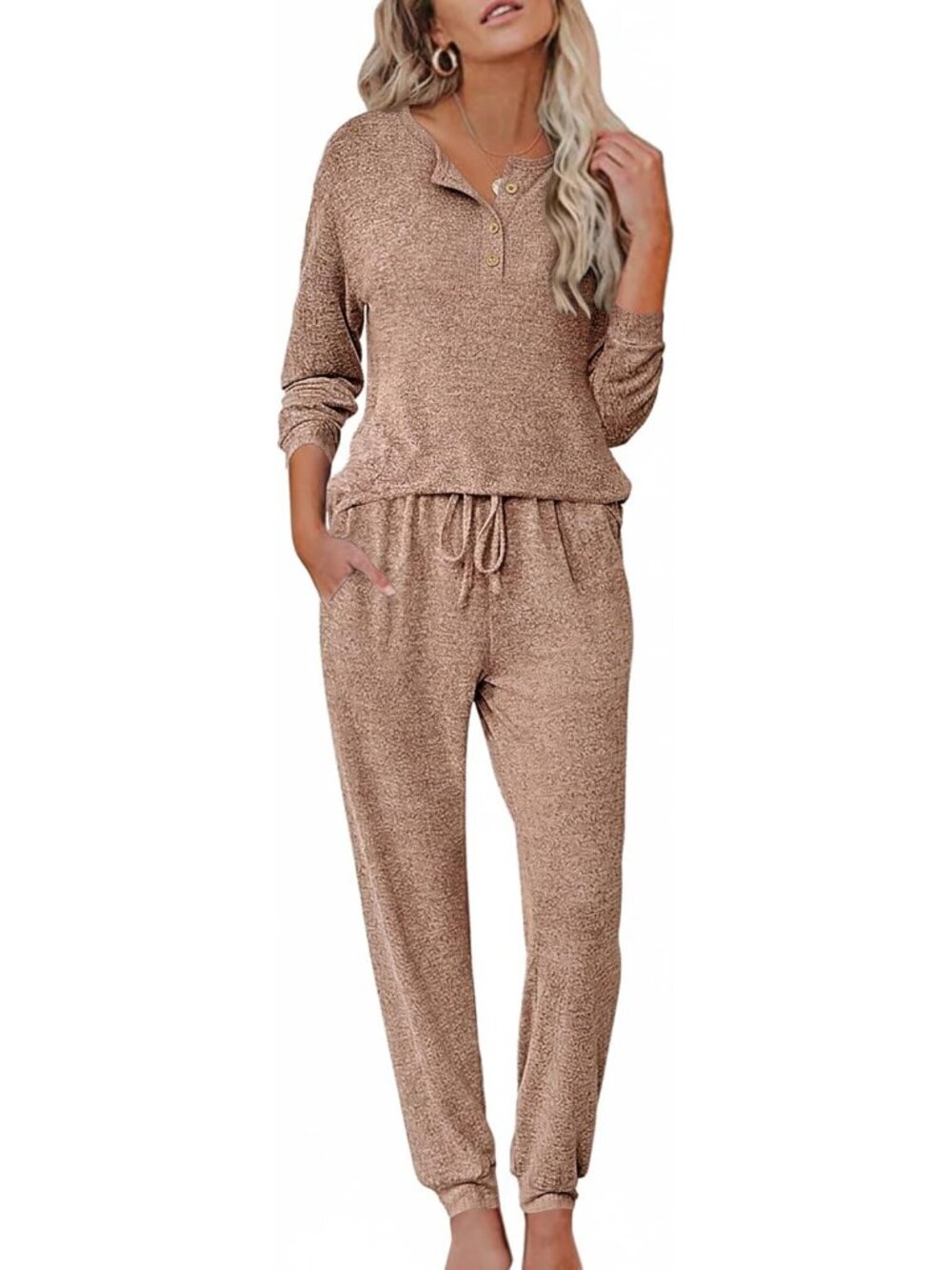 Women's Brown Henley Neck Long Sleeve Casual Sleepwear 2 Piece Pajama Set